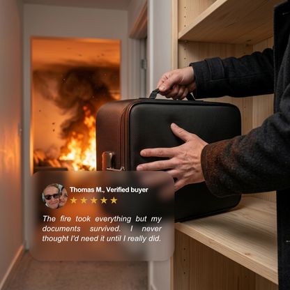 Person grabbing SafeDoc Pro document bag from shelf during house fire – wildfire evacuation ready