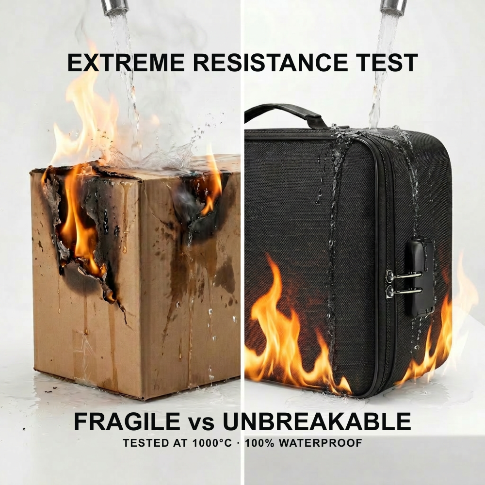 Extreme resistance test – cardboard box destroyed by fire and water vs SafeDoc Pro bag surviving intact