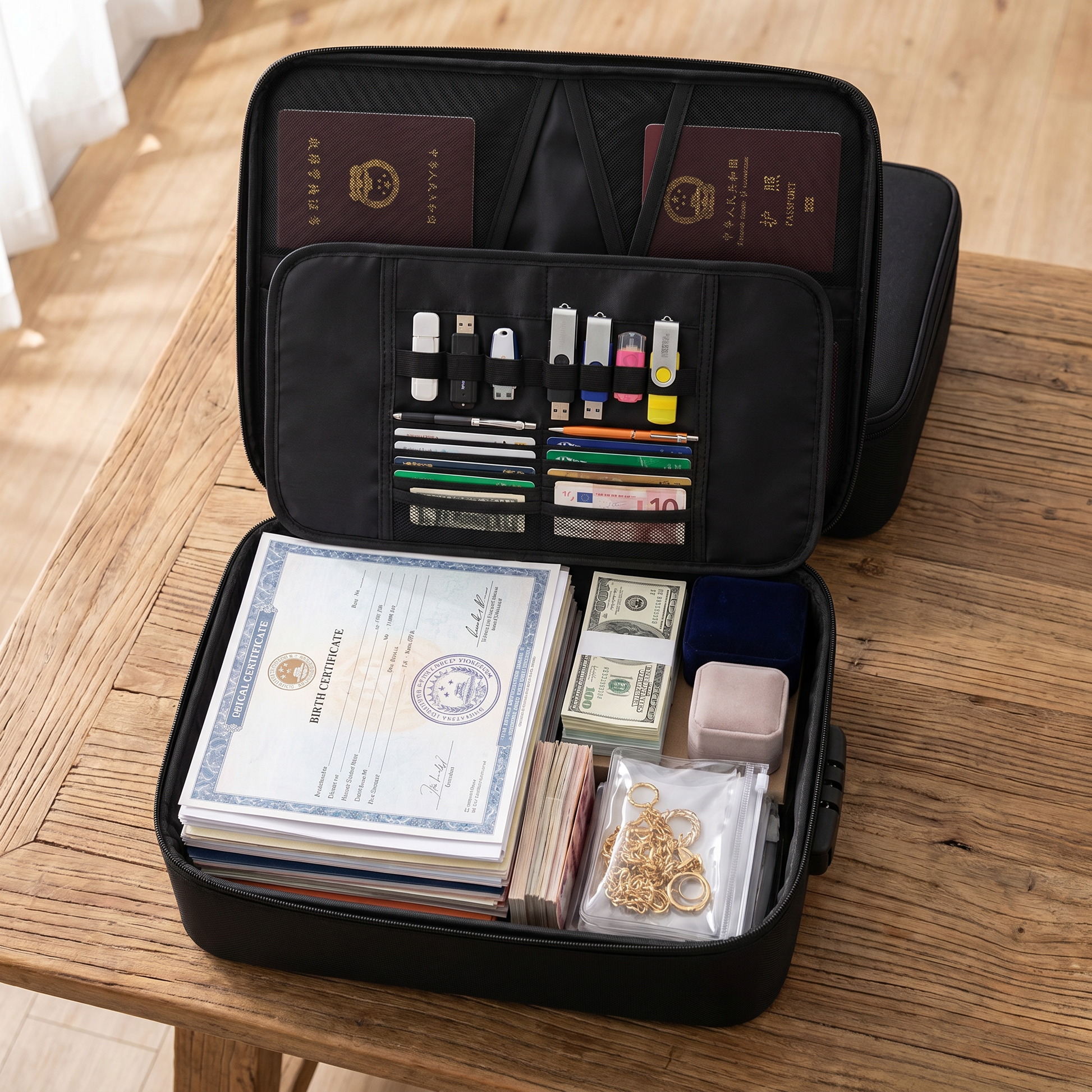 SafeDoc Pro open showing interior storage for passports A4 documents and USB drives